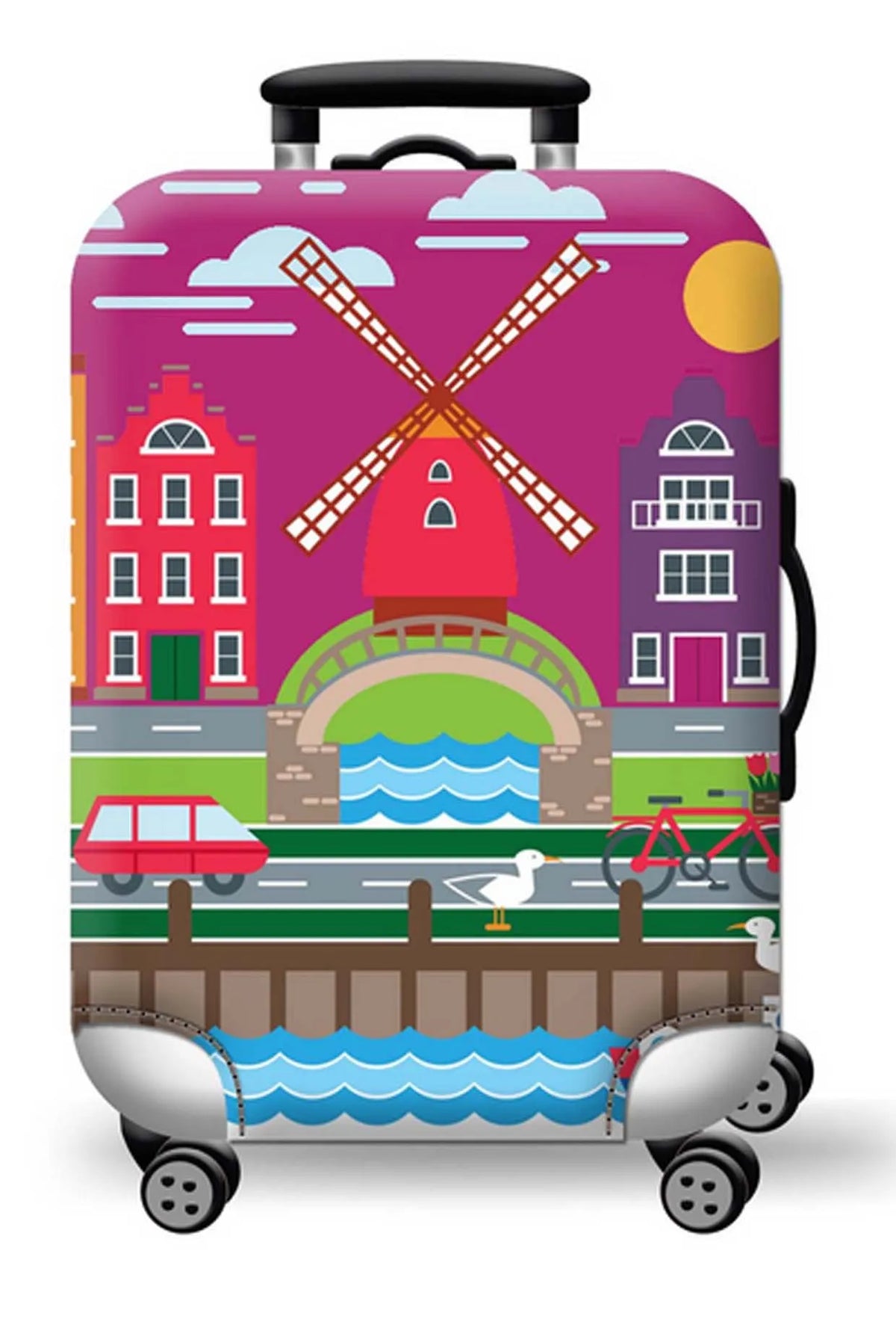 A pink suitcase with a vibrant illustration of a red windmill, buildings, and a green landscape.