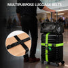 A person is holding a black rolling suitcase with a bright green strap, demonstrating multipurpose luggage belts.