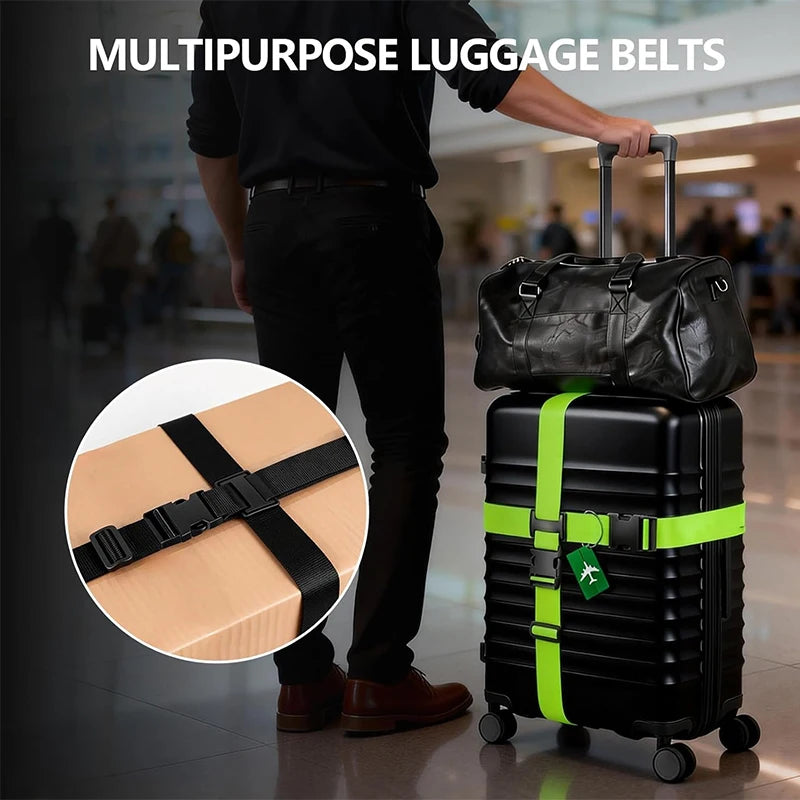 A person is holding a black rolling suitcase with a bright green strap, demonstrating multipurpose luggage belts.