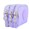 A purple compact three-layer nylon zipper pouch with gold hardware.