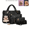Black embossed PU handbag set featuring a main bag and a matching wallet with bear charms