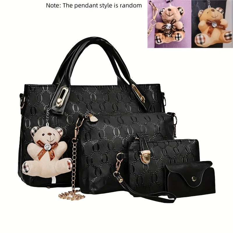 Black embossed PU handbag set featuring a main bag and a matching wallet with bear charms