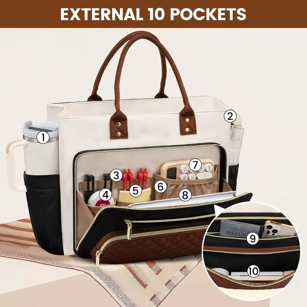 Sac en toile blanc avec poches externes, présentant dix compartiments visibles pour l'organisation.