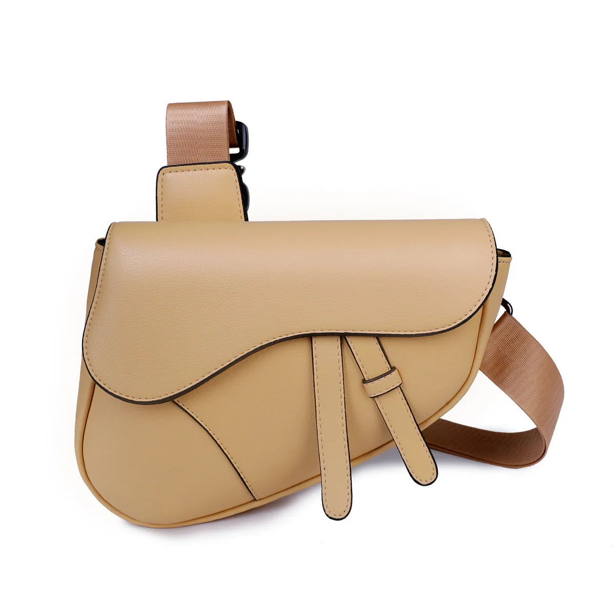 A tan men's solid color chest bag with a leather strap is shown against a white background.