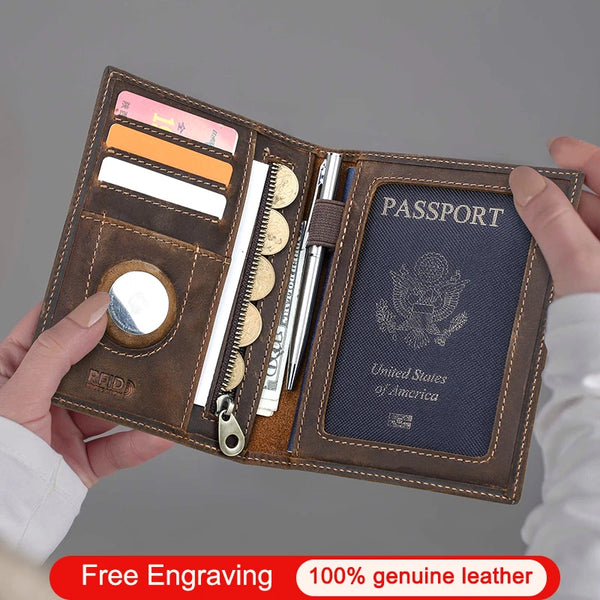 A hand holds an open brown leather passport card holder with a passport inside and a pen.