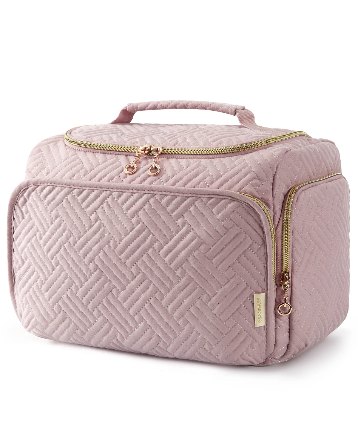 A light pink quilted cosmetic organizer bag with a zipper and handle.