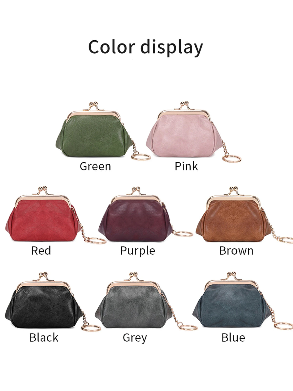 A display of retro kiss lock coin purses in various colors including green, pink, red, purple, brown, black, grey, and blue.