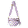 A lavender nylon crossbody bag with a checkered pattern and gold hardware.