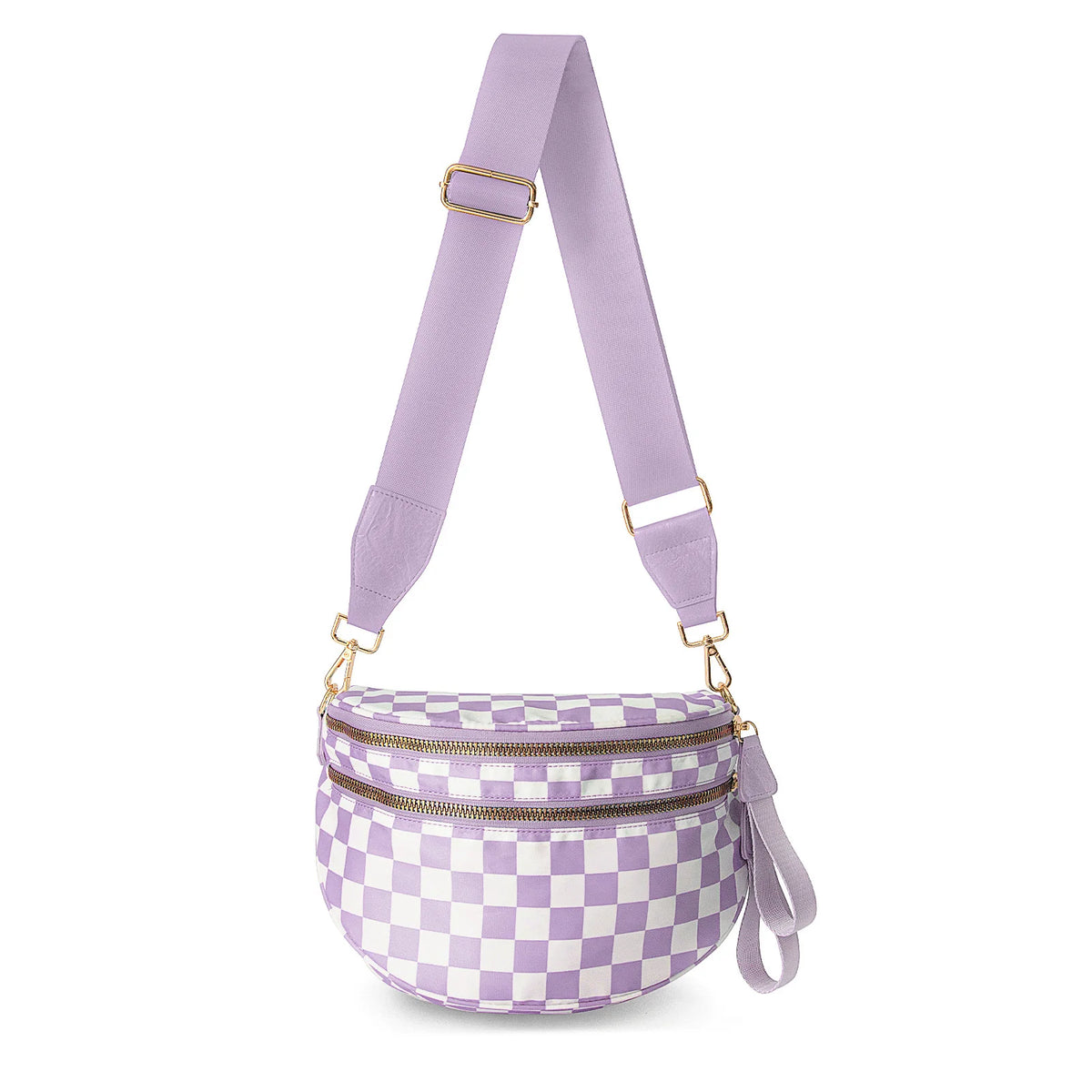 A lavender nylon crossbody bag with a checkered pattern and gold hardware.