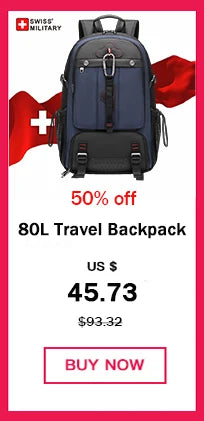 A dark blue Swiss Military 80L Travel Backpack with red accents and a Swiss flag design.