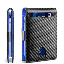 A black slim wallet with a blue accent showing an RFID-blocking front pocket and a smartphone slot.