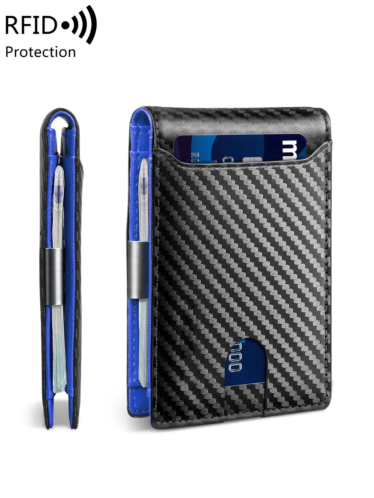 A black slim wallet with a blue accent showing an RFID-blocking front pocket and a smartphone slot.