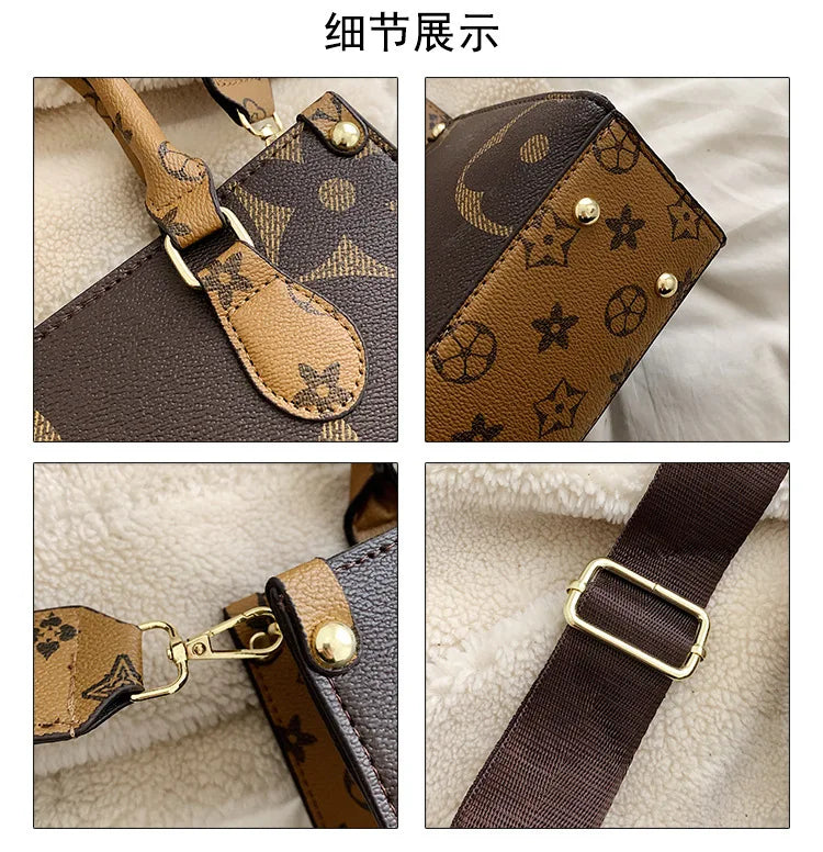 Close-up display of a brown faux leather shoulder tote bag featuring a patterned design and gold hardware.