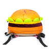 An orange cheeseburger novelty backpack with a yellow bun and green lettuce, featuring a purple fabric section.