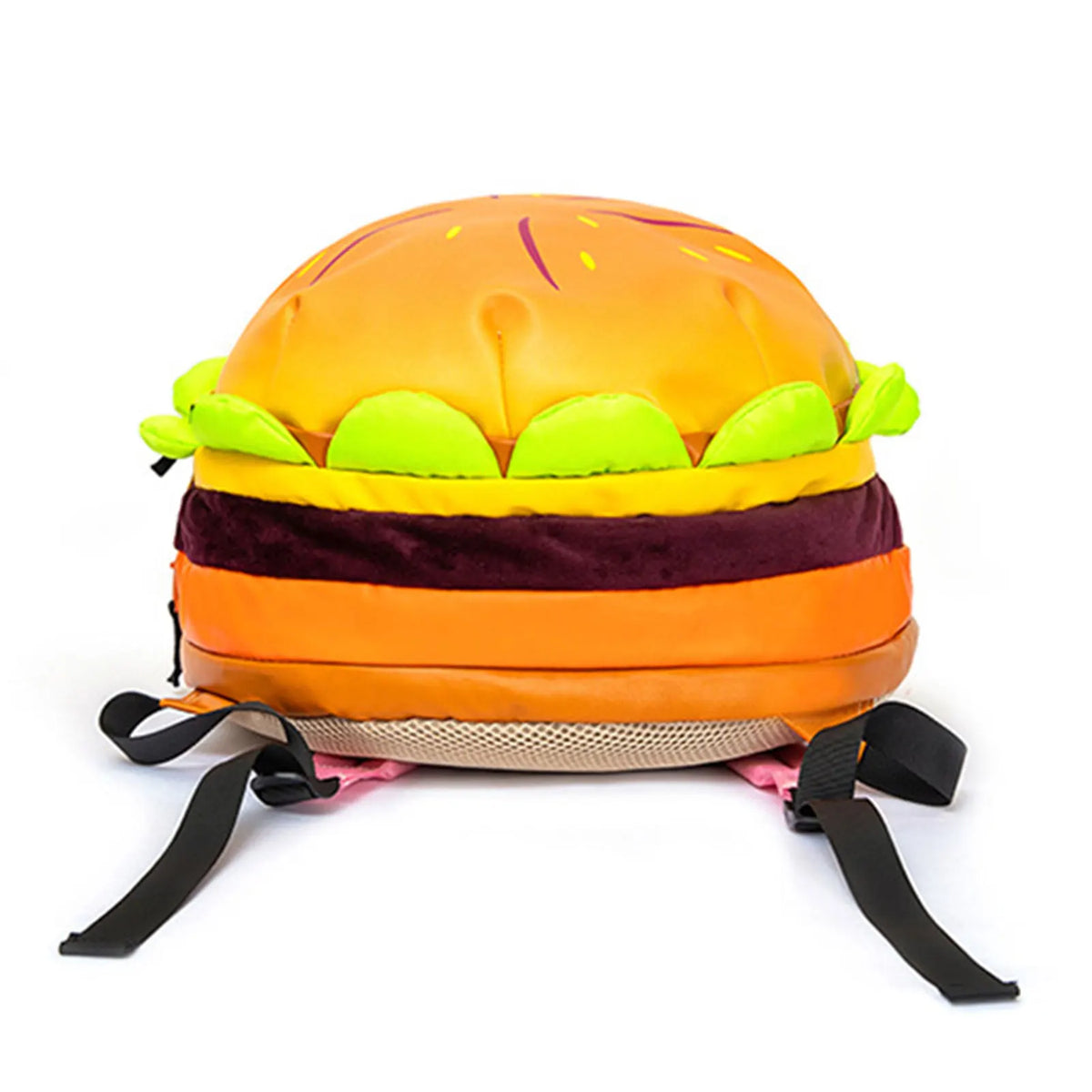 An orange cheeseburger novelty backpack with a yellow bun and green lettuce, featuring a purple fabric section.