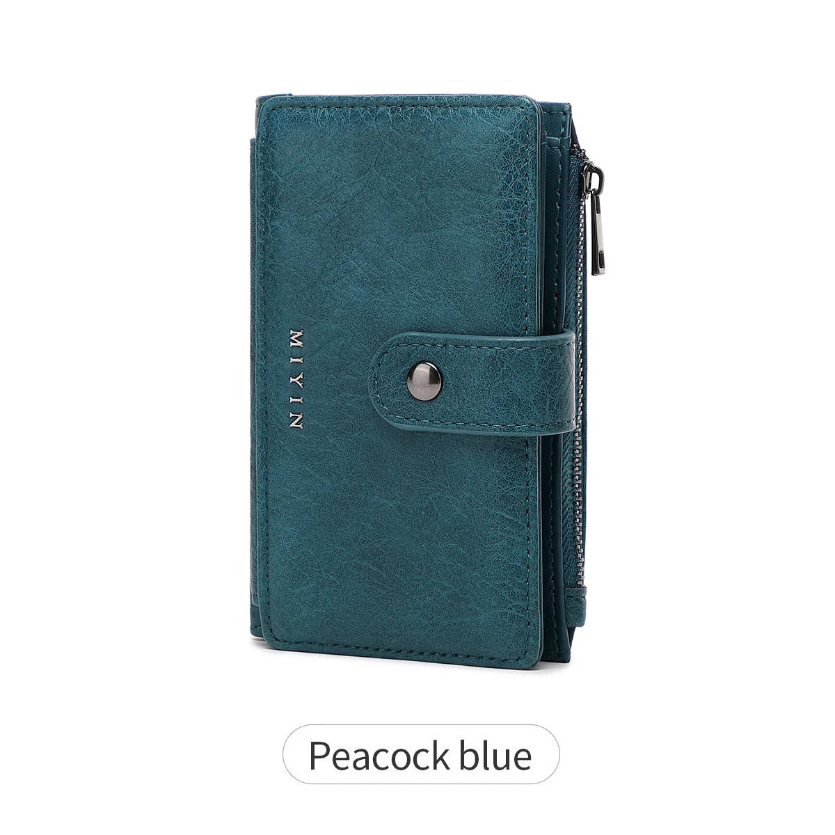 A dark teal leather clutch wallet with a flap and zipper, shown against a white background.