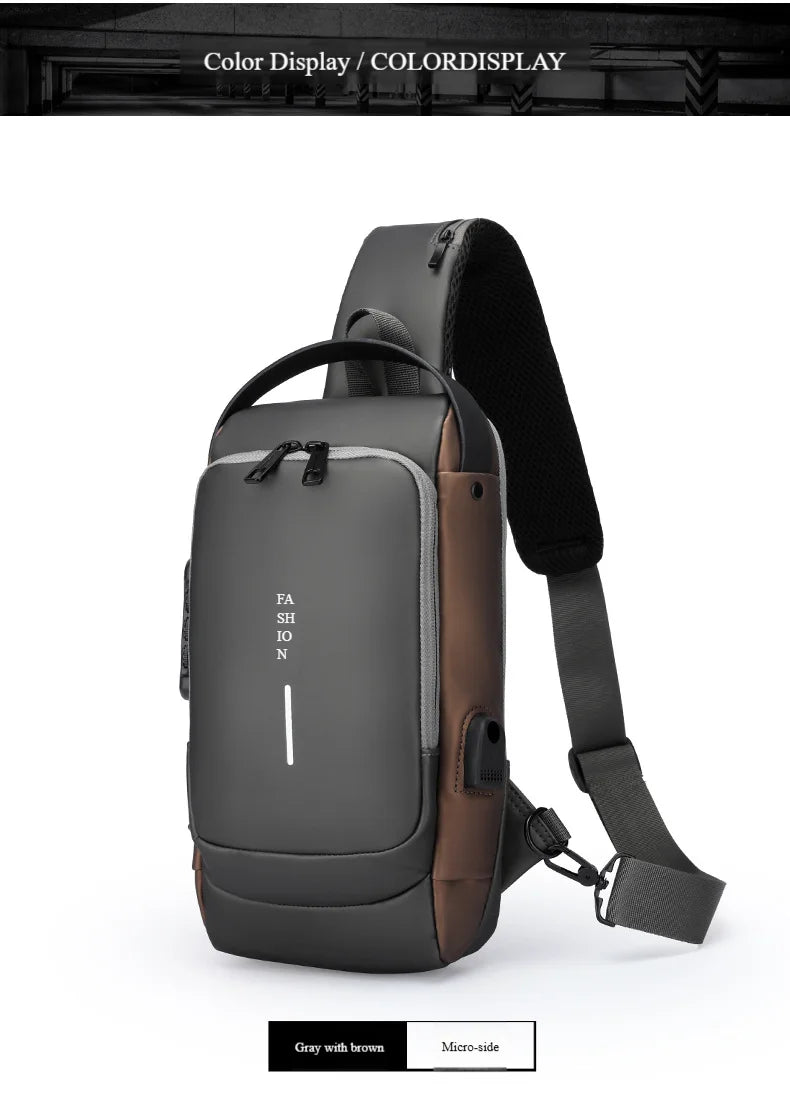 A gray and brown anti-theft crossbody chest bag shown from the side.