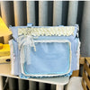 Bolso cruz de encaje azul claro Y2K con ribetes de volantes blancos y detalles de encaje transparente.