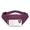 A purple nylon crossbody belt bag with a clear window displaying a white smartphone.