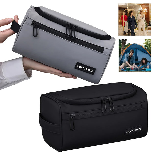 A gray and black travel toiletry bag is shown being held, with a similar black version displayed separately.