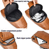 A brown PU leather crossbody sling bag showing various compartments including a large main bag, center pocket, and back zippe