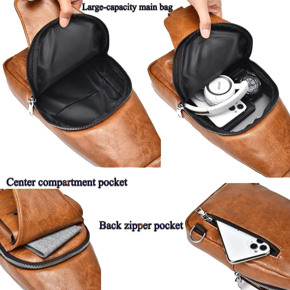 A brown PU leather crossbody sling bag showing various compartments including a large main bag, center pocket, and back zippe