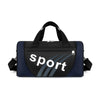 A navy blue and black unisex travel backpack with a sports design on the front.