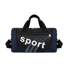 A navy blue and black unisex travel backpack with a sports design on the front.