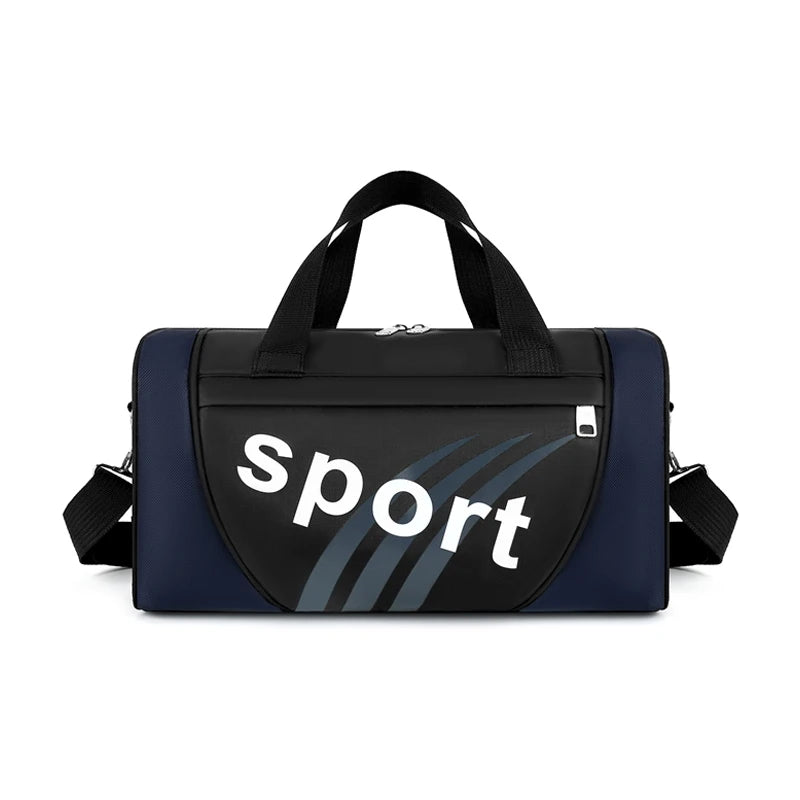 A navy blue and black unisex travel backpack with a sports design on the front.