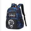 A dark blue and black graffiti-patterned backpack with a black strap and a heart-rate line graphic on the front pocket.
