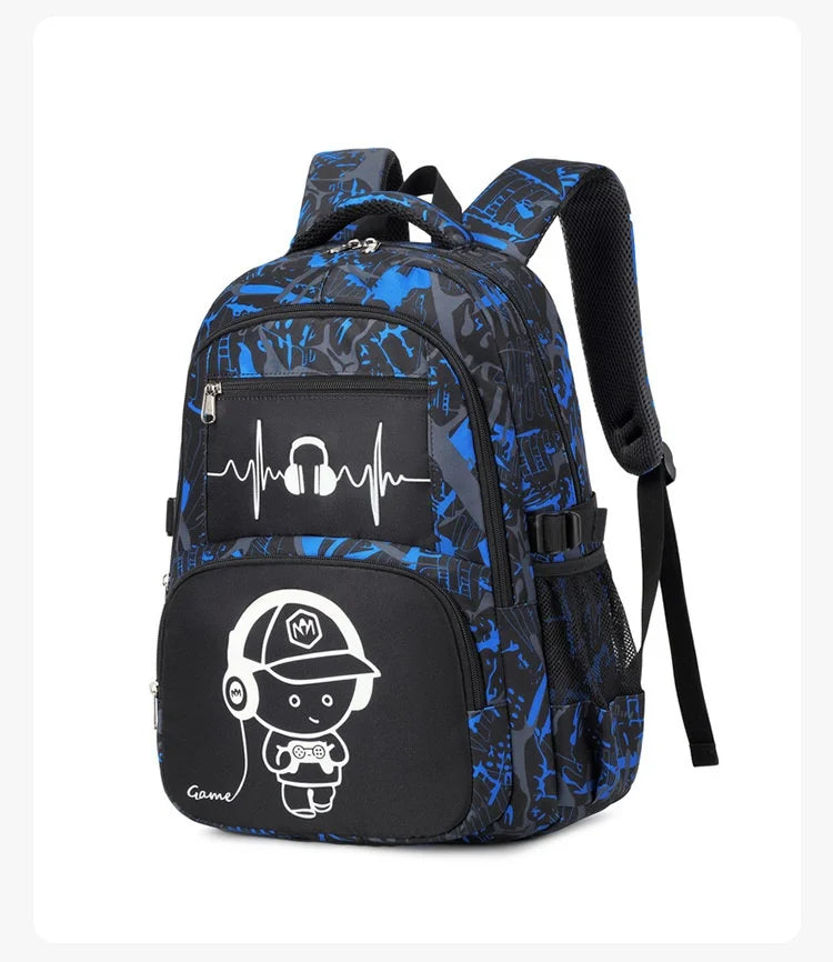 A dark blue and black graffiti-patterned backpack with a black strap and a heart-rate line graphic on the front pocket.