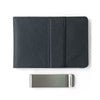 A black slim leather bifold wallet with a metal money clip shown against a white background.