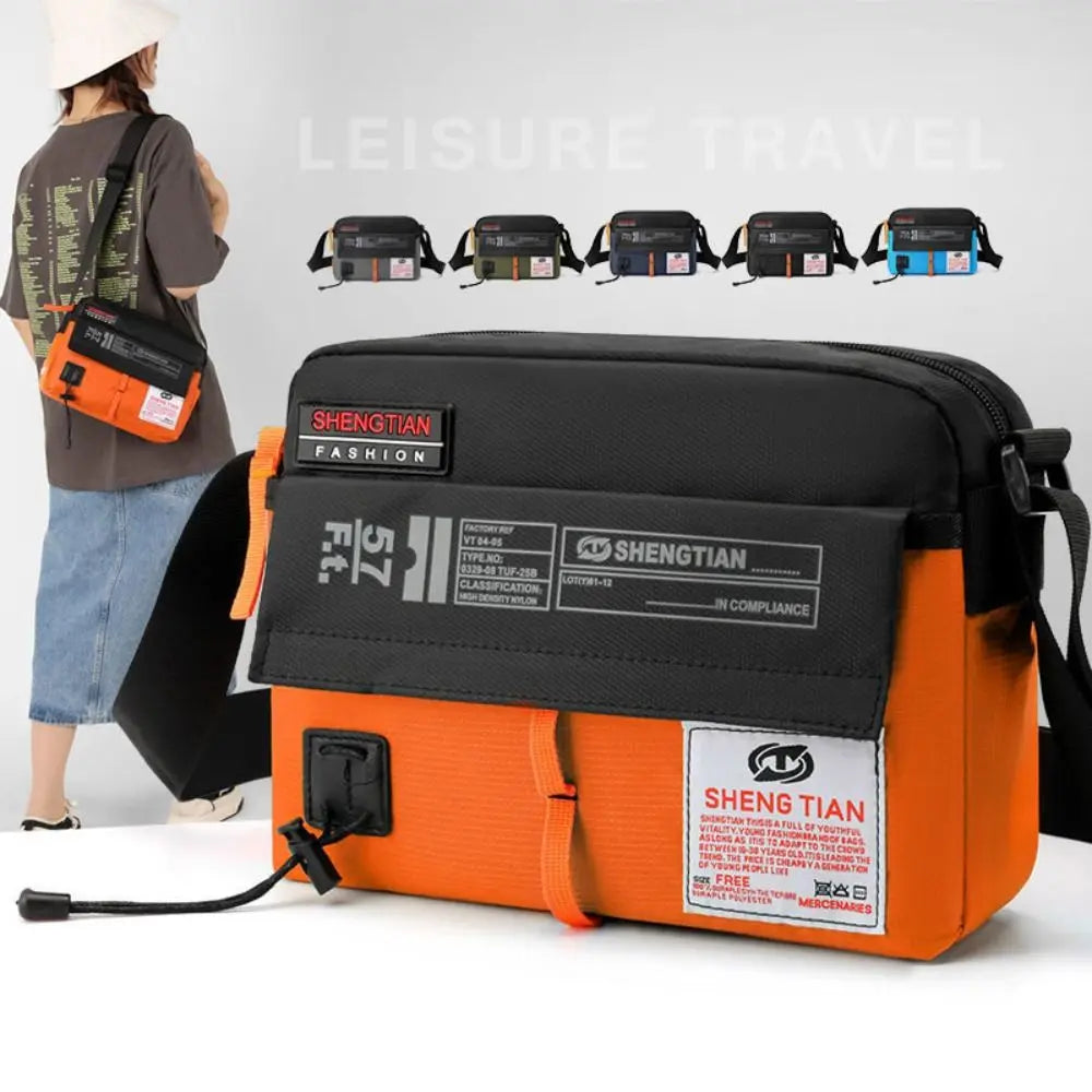 Orange and black waterproof nylon crossbody bag shown with multiple similar bags in the background.