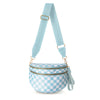 A light blue checkered nylon crossbody bag with a beige strap and gold hardware.