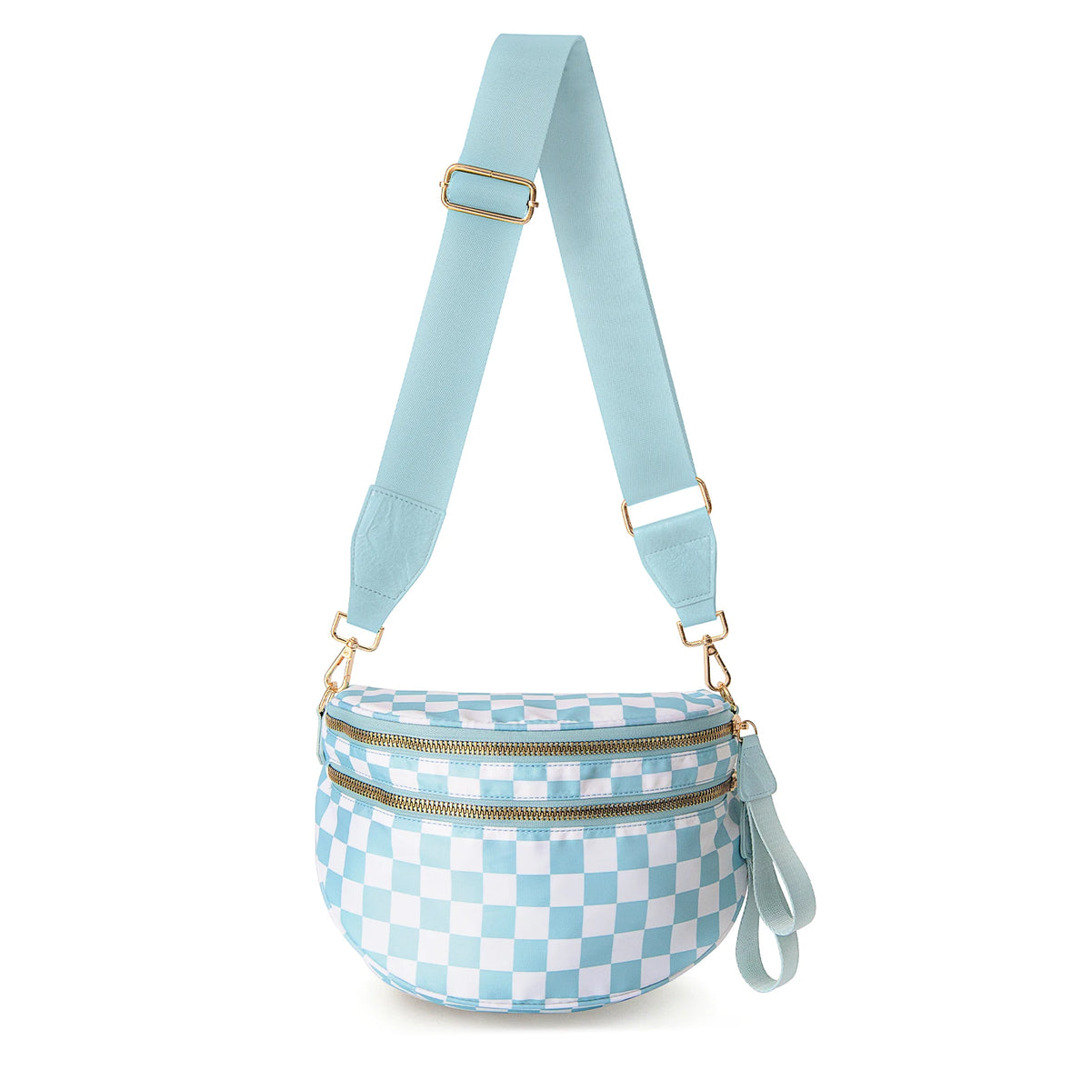 A light blue checkered nylon crossbody bag with a beige strap and gold hardware.