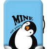 A light blue suitcase with a black penguin graphic featuring the text Mine not yours, resting on rolling wheels.