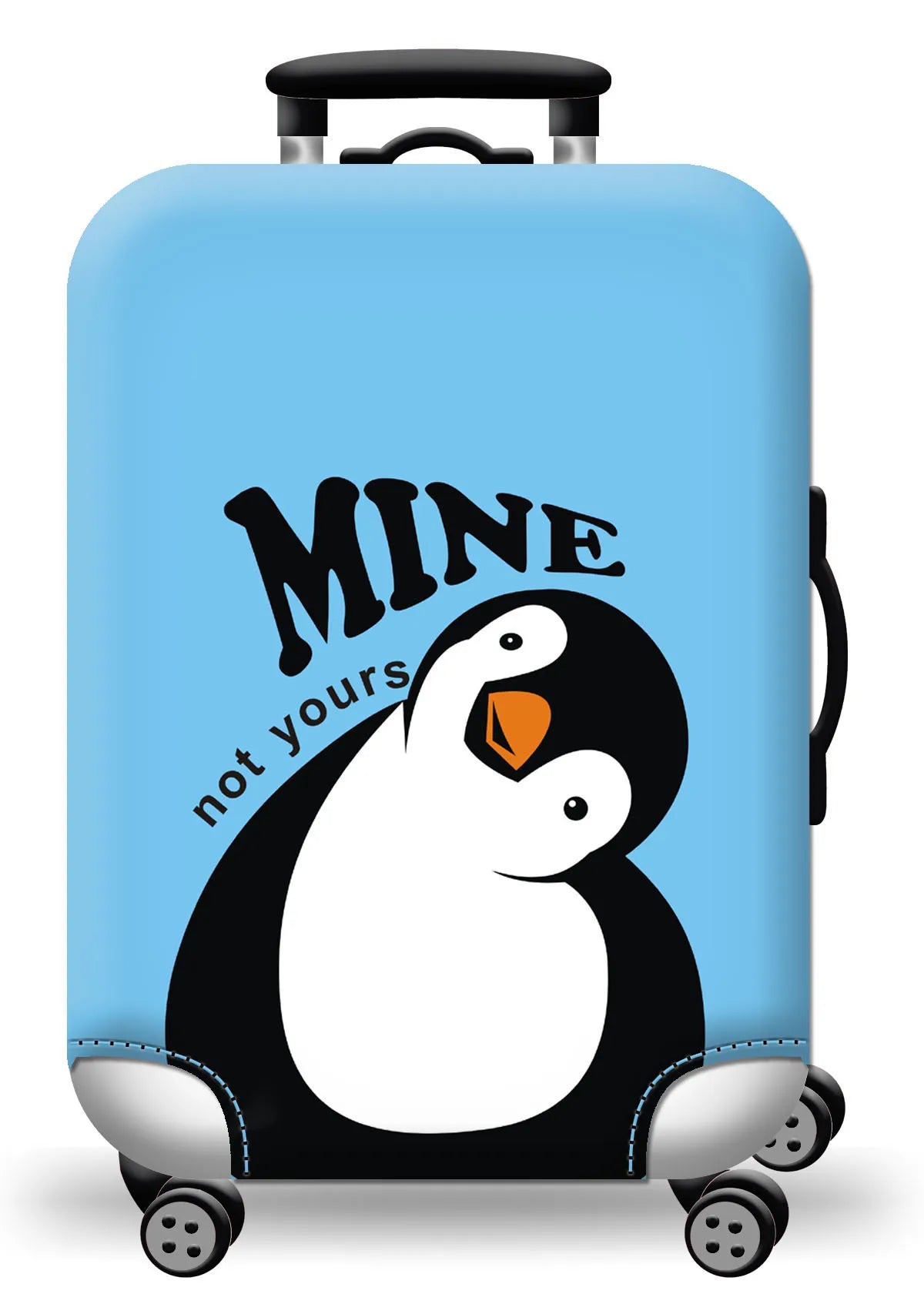 A light blue suitcase with a black penguin graphic featuring the text Mine not yours, resting on rolling wheels.