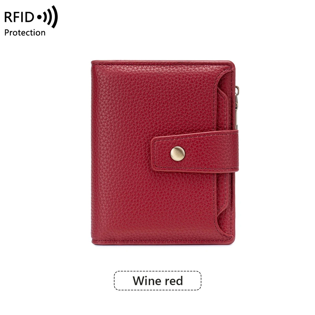 A deep red RFID blocking bi-fold card holder wallet.