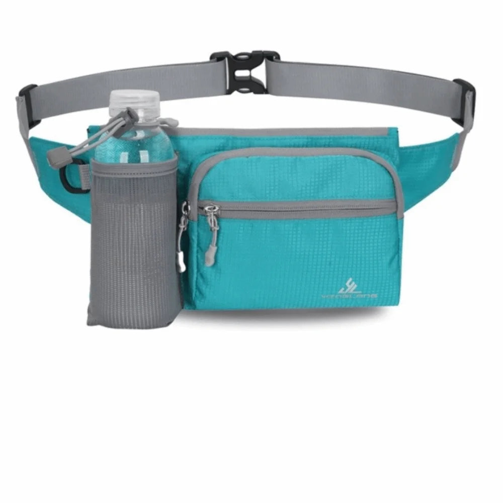A teal and gray waterproof invisible waist pack for runners and travelers with a water bottle inside.