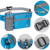 A waterproof invisible waist pack in blue and gray with various attachments shown from multiple angles.