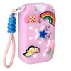 A pink EVA protective case for a hand sanitizer spray featuring a rainbow design and a star charm attached to a blue keyring.