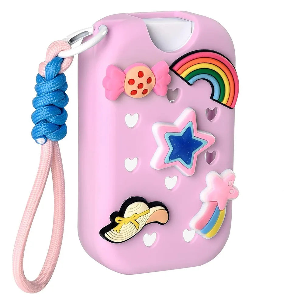 A pink EVA protective case for a hand sanitizer spray featuring a rainbow design and a star charm attached to a blue keyring.