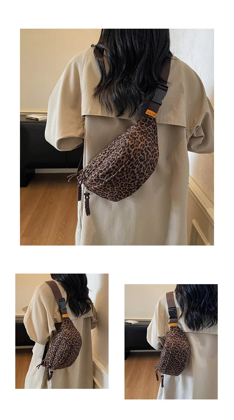 A beige top model is shown wearing a leopard print crossbody bag with an adjustable strap.