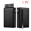 Black slim aluminum card holder wallet with a textured pattern and a zipper closure.