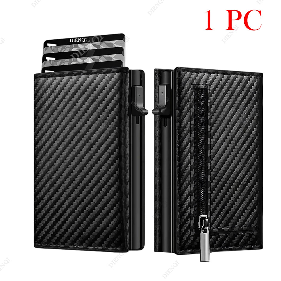 Black slim aluminum card holder wallet with a textured pattern and a zipper closure.