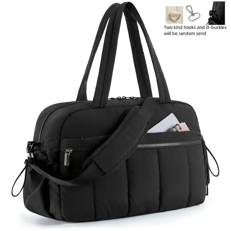 Black versatile large capacity travel and fitness bag with two kind hooks and D-buckles