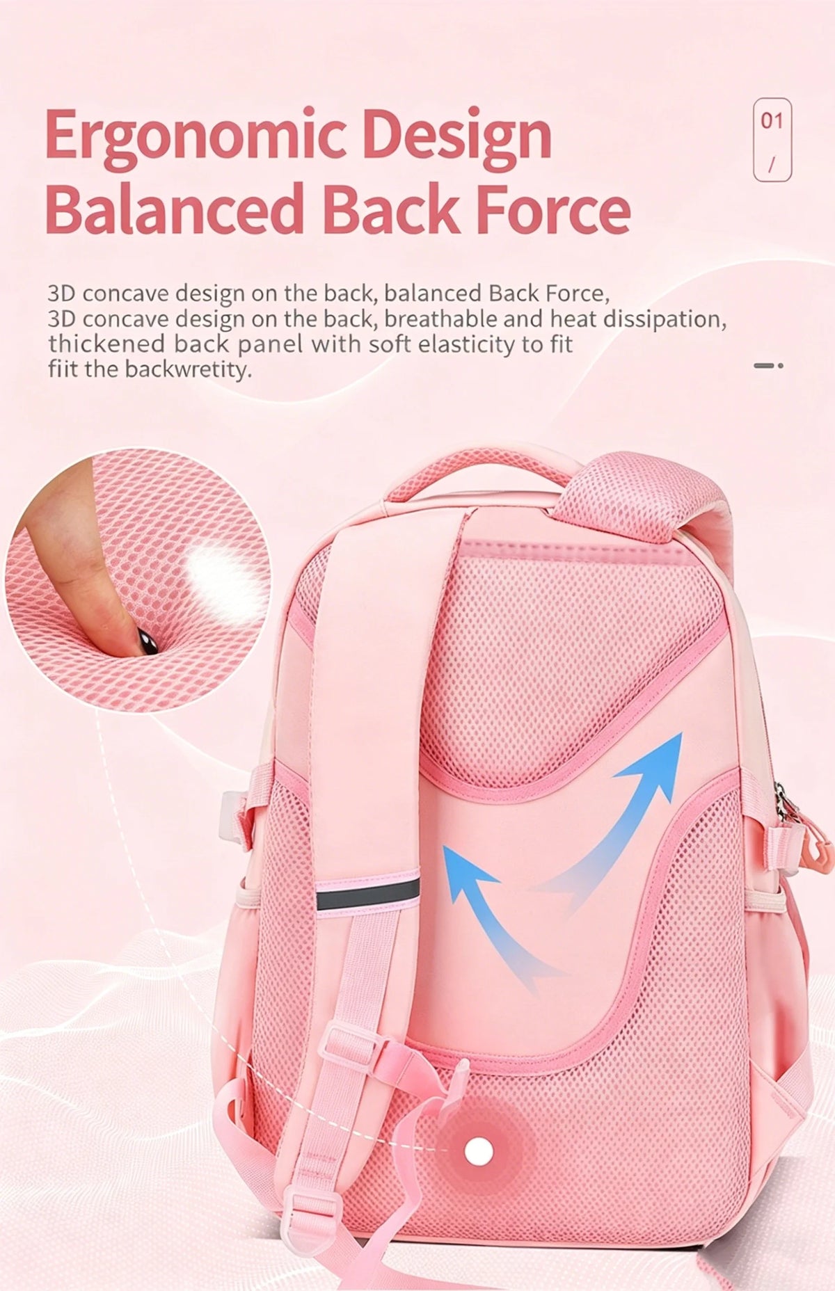 Pinker ergonomischer Rucksack mit 3D-konkavem Design und ausgeglichener Rückenkraft für Komfort.