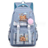 A light blue canvas backpack featuring a cute capybara print and pink fluffy trim.