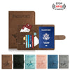 Porta documentos de cuero marrón con pasaporte azul, junto a varios otros porta pasaportes.