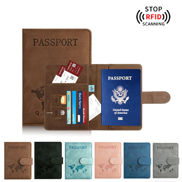 A brown leather passport holder wallet with a blue passport inside, next to several other passport holders.